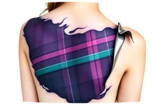 Chest 
Dark Purple with green pink blue and white highlights tartan fabric with skin around edges peeling and wrapping around side of shoulder tattoo idea