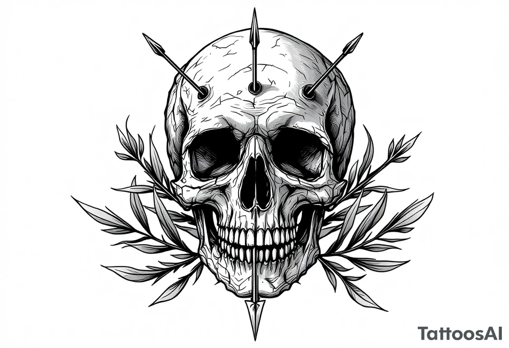 a skull whose head  be pierced by needles and under the head come out an  arrow and surrounded  by two olive tree leaf around tattoo idea