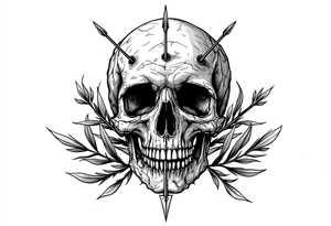 a skull whose head  be pierced by needles and under the head come out an  arrow and surrounded  by two olive tree leaf around tattoo idea