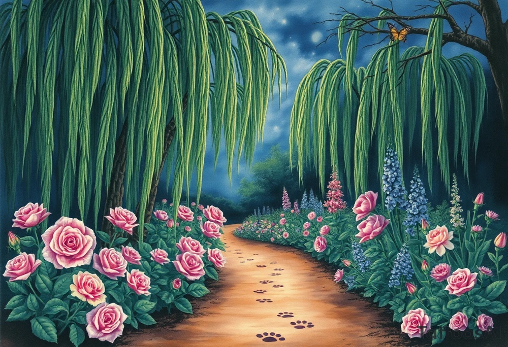 Night time.  weeping willow garden with roses and liles flower beds. fantasy creatures, fairies, mermiads, dragons butterflies,  cat paw prints path in dirt. tattoo idea