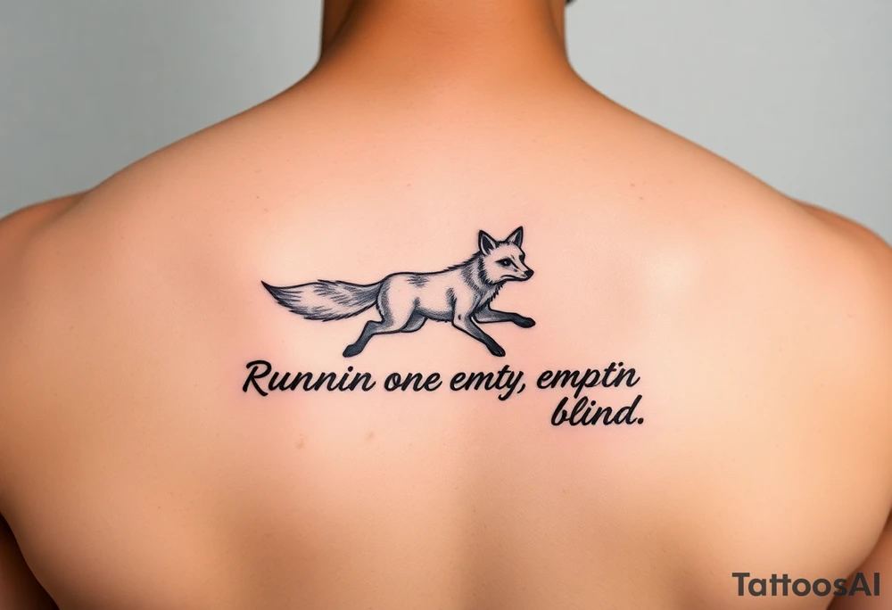 Lyrics to Jackson brownes runnin on empty. “Runnin on empty, runnin blind” with an outline sketch of a running fox in between  the two set of lyrics tattoo idea