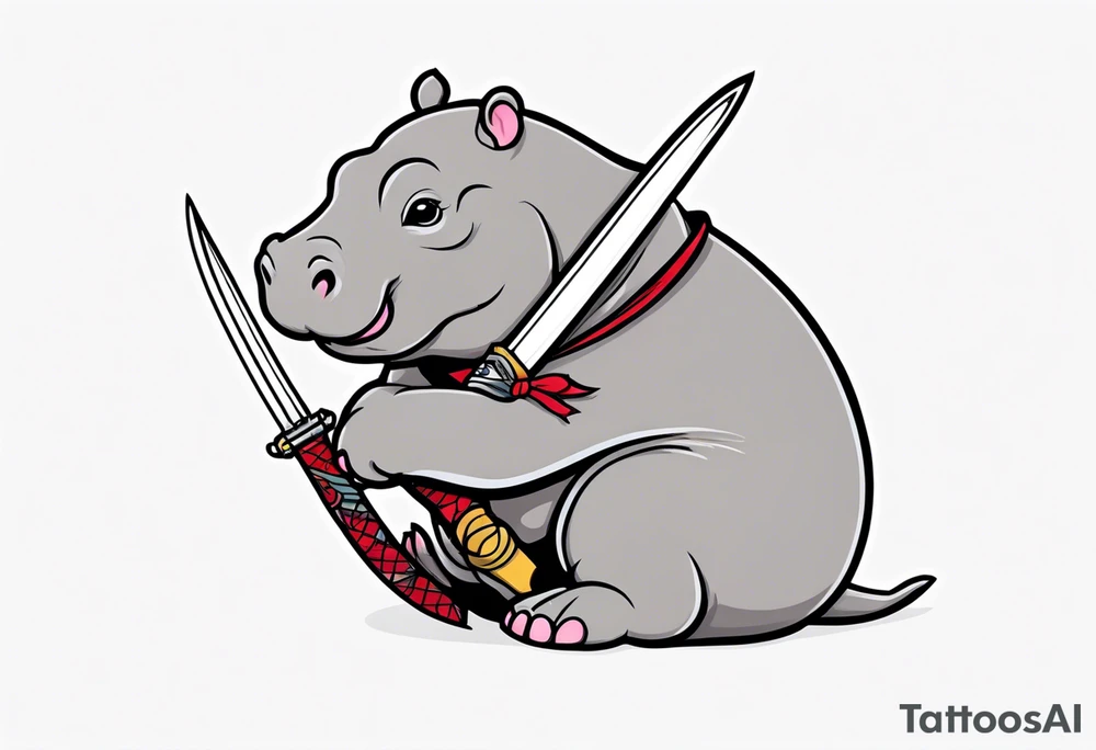Baby hippo in a swaddle holding a katana tattoo idea