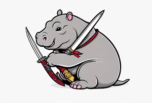 Baby hippo in a swaddle holding a katana tattoo idea