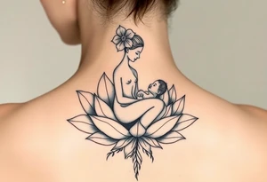 Mère assise en lotus qui allaite son bébé, la mère à une fleur de lys sur la tête et des racines d’arbre de vie tattoo idea