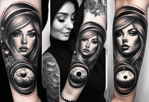 A surrealistic forarm sleeve tattoo featuring beautiful woman’s face with glowing eyes holding a planet in her hand. Above her head is a man being lifted up into a black hole tattoo idea