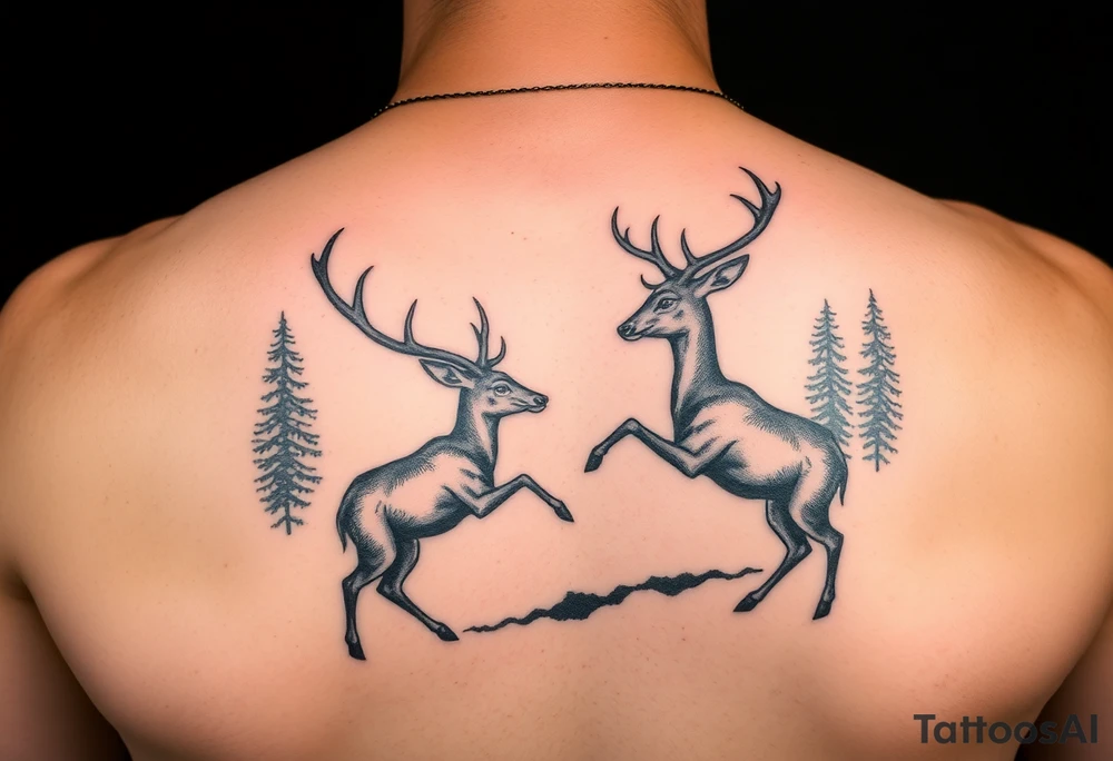 Photo realistic Vertical aligned nature scene with two deer fighting. 

This ai sucks tattoo idea