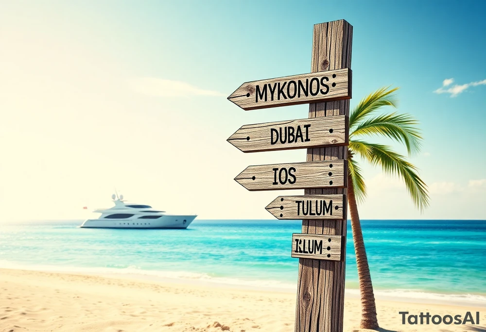 A tall wooden signpost with four directional arrows, each pointing in a different direction. The arrows are rustic and slightly weathered, with the names of popular travel destinations written on them: 'IBIZA', 'MYKONOS', 'DUBAI', 'ZRCE BEACH', 'IOS', 'PALMA', and 'TULUM'. The signpost is located on a sandy beach with a clear blue ocean in the background. A luxurious white yacht is visible on the water, slightly in the distance. A tall, green palm tree stands nearby, casting a small shadow on the sand. The scene is bathed in warm sunlight, with a few wispy clouds in the sky, creating a relaxed and tropical vacation vibe. tattoo idea