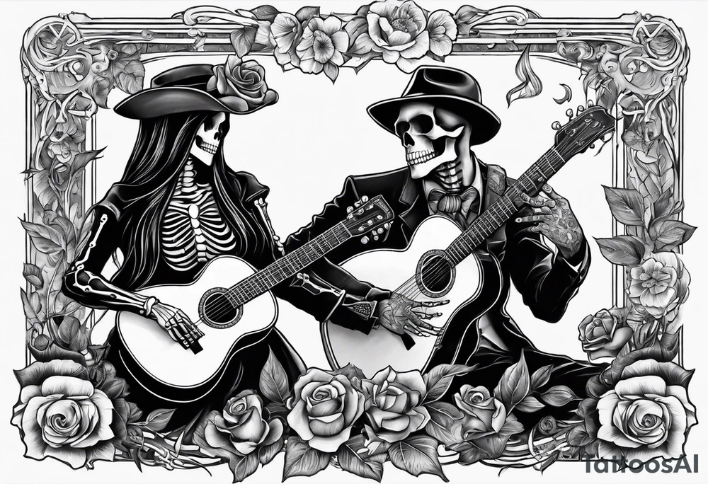 a male skeleton playing guitar while a female skeleton listens tattoo idea