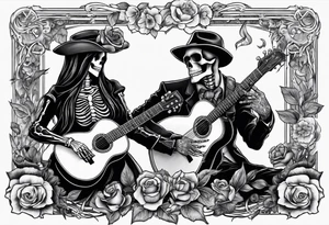 a male skeleton playing guitar while a female skeleton listens tattoo idea