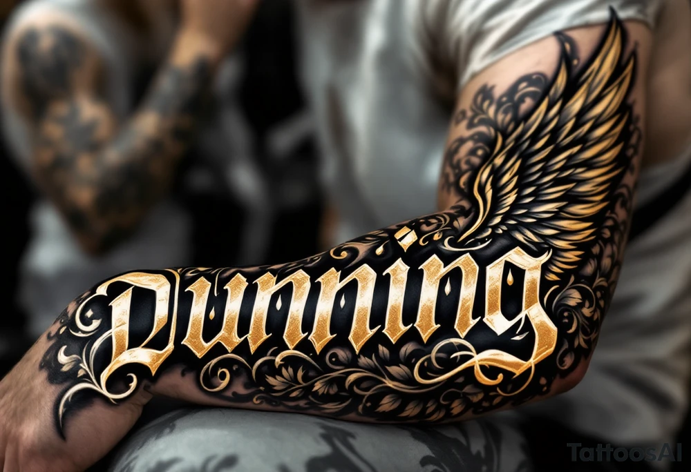 Dunning, Details include name in white color,angel wing, rain drop jungles leaves,cool font, gold tattoo idea