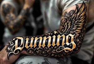 Dunning, Details include name in white color,angel wing, rain drop jungles leaves,cool font, gold tattoo idea