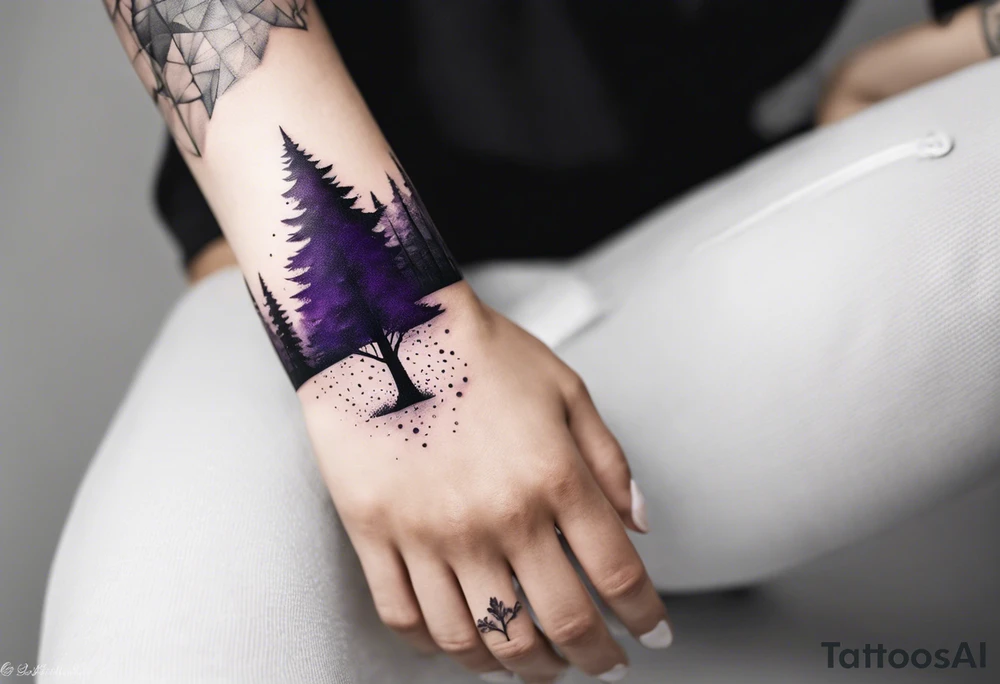 forest, abstract, on hand, no people, purple and black, full, whole wrist wrapped tattoo idea