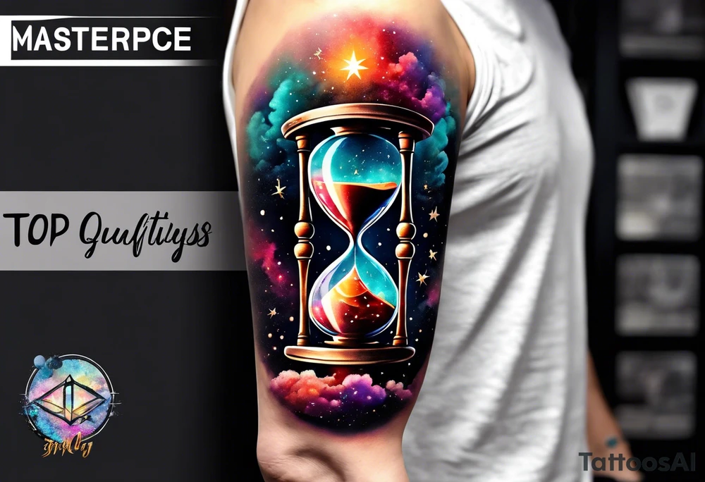 Hourglass with star stuff and cosmic dust exploding from the top and bottom of the hourglass. Long tattoo to fit on the forearm tattoo idea