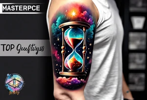 Hourglass with star stuff and cosmic dust exploding from the top and bottom of the hourglass. Long tattoo to fit on the forearm tattoo idea