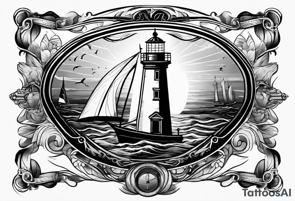 maritime lighthouse in a front view sailboat serving as a mast for a sail. tattoo idea