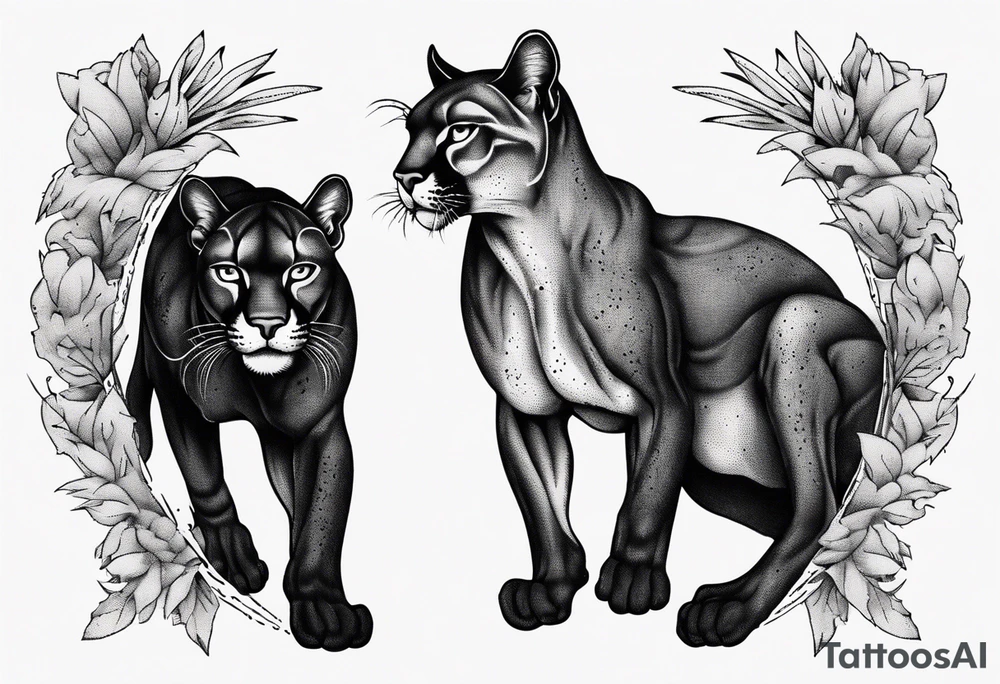 Two black pumas walking past each other and looking at each other, seen from above tattoo idea