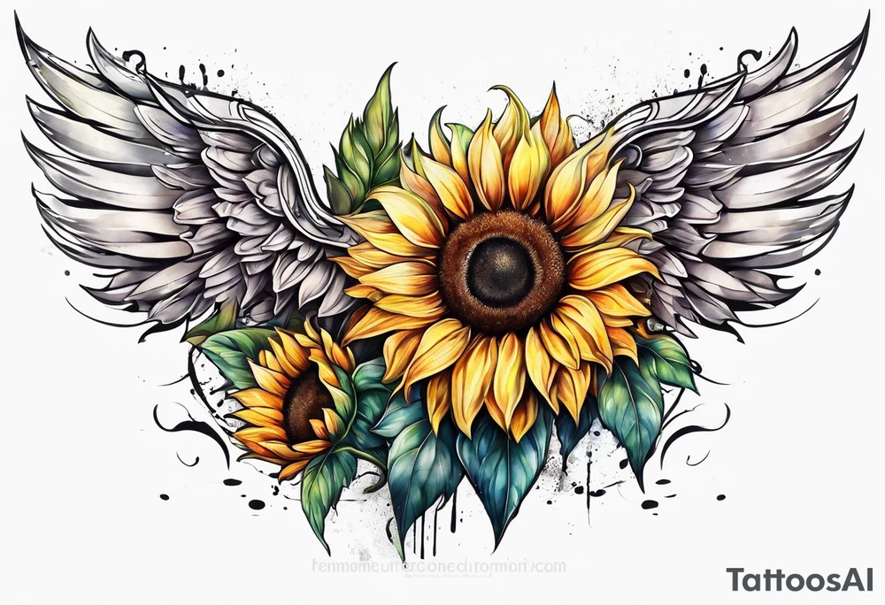 Sunflower and angel wings sleeve tattoo idea