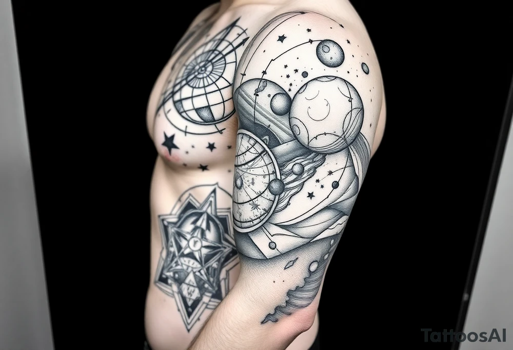 outer space, planets, geometric patterns, string theory tattoo idea