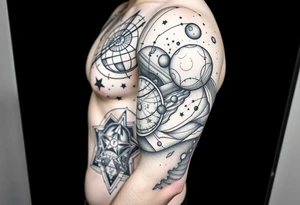 outer space, planets, geometric patterns, string theory tattoo idea