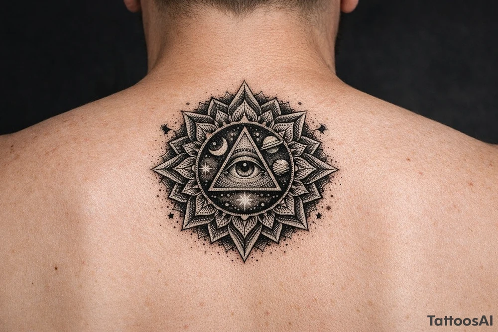 intricate mandala with sacred geometry and cosmic elements tattoo idea