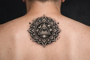 intricate mandala with sacred geometry and cosmic elements tattoo idea