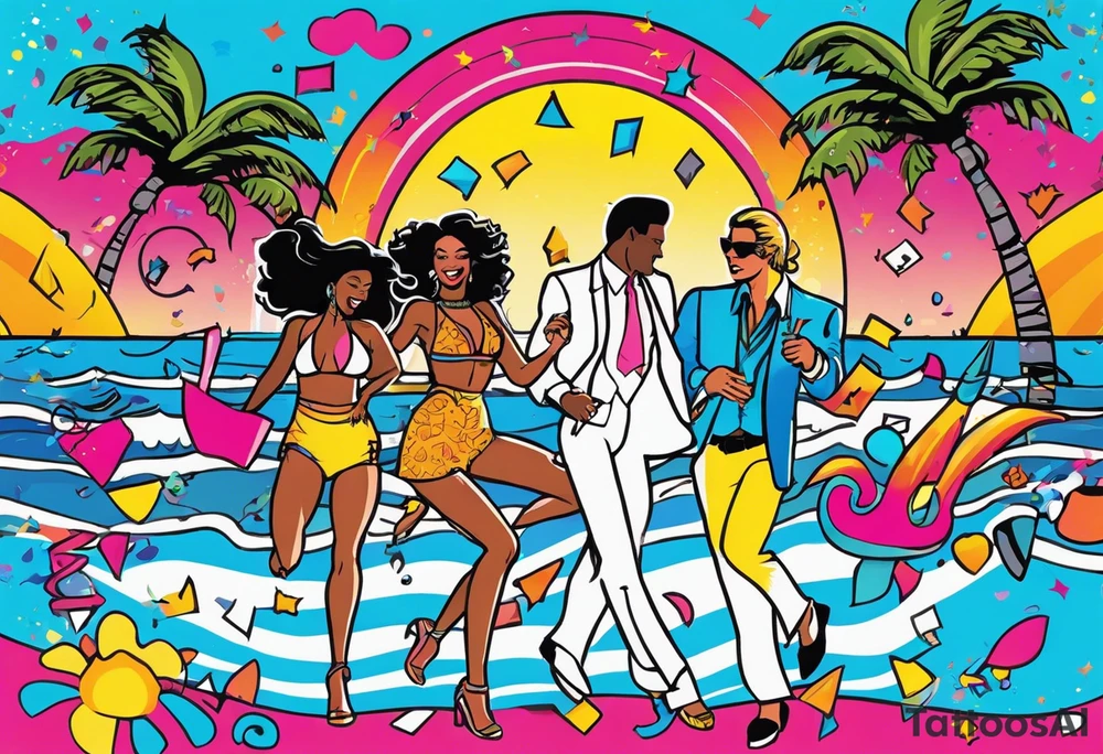 1980's miami vice style beach dance 
party, include confetti, music notes, boom box, bikinis sunset in the center tattoo idea