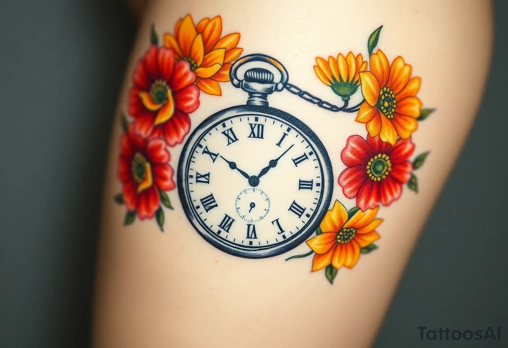 Beautiful pocket watch surrounded by red, orange and yellow marigolds tattoo idea