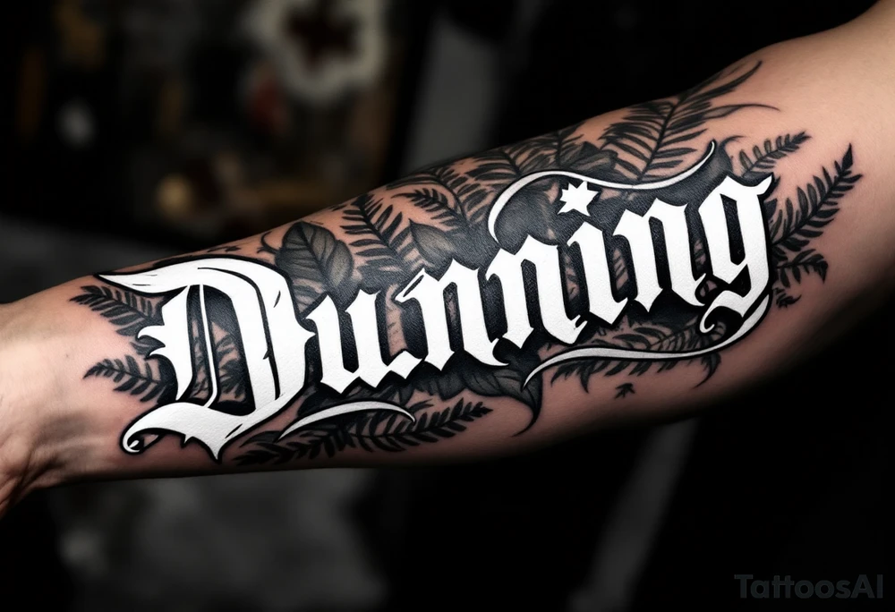 Dunning, left forearm details include angel wing, greek type of font,jungle leaves, name is big and in white color tattoo idea