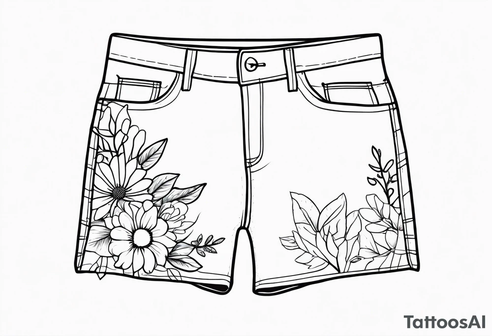 minimalstic outlined overall-shorts with flowers. Thin lines. tattoo idea