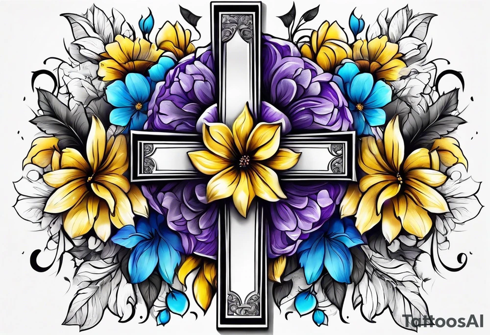 A cross with purple, yellow and blue flowers arm sleeve tattoo idea