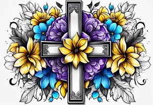 A cross with purple, yellow and blue flowers arm sleeve tattoo idea