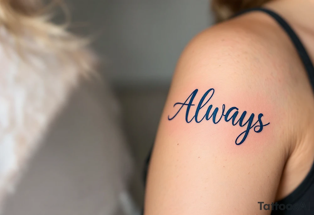Elegant script “Forever” in burgundy for her and “Always” in navy for him inked over the heart show eternal devotion. tattoo idea