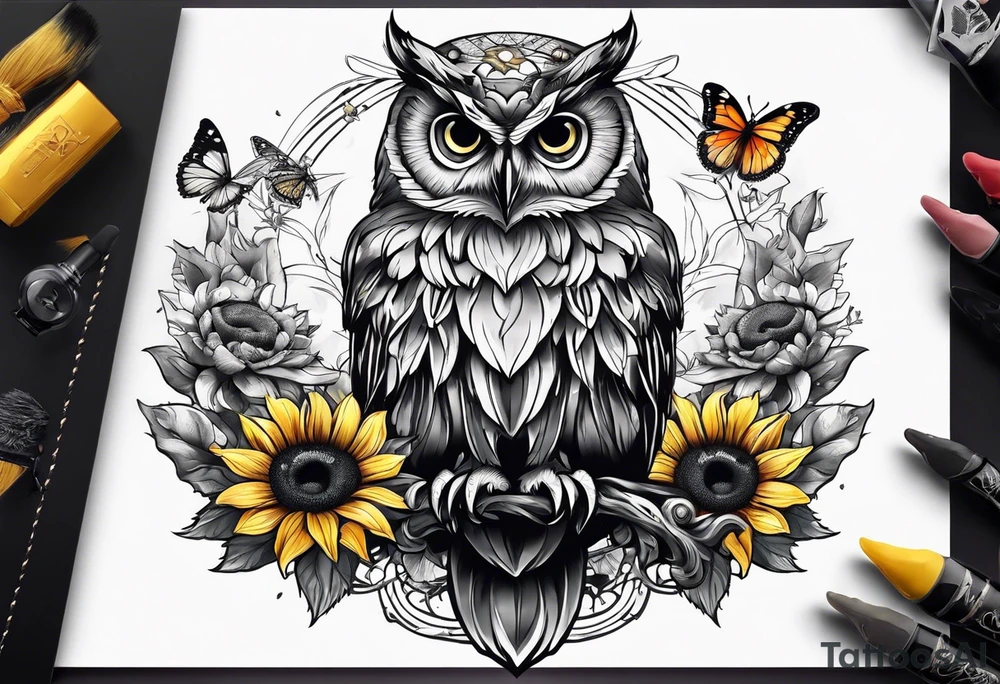 Owl surrounded with sunflowers and one butterfly tattoo idea