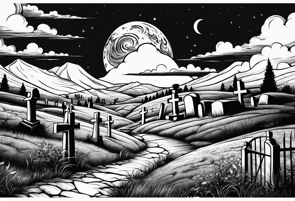 Cemetery on hills with smoke and moon tattoo idea