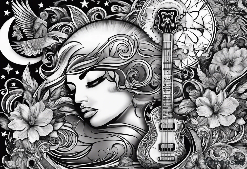 Collage for full sleeve with:
2 stars, 
1 quarter moon, 
a bass guitar, 
a caduceus symbol tattoo idea