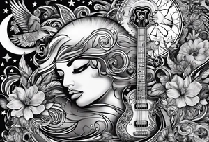 Collage for full sleeve with:
2 stars, 
1 quarter moon, 
a bass guitar, 
a caduceus symbol tattoo idea