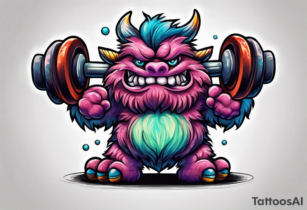 Strong old fuzzy monster lifting dumbells tattoo idea