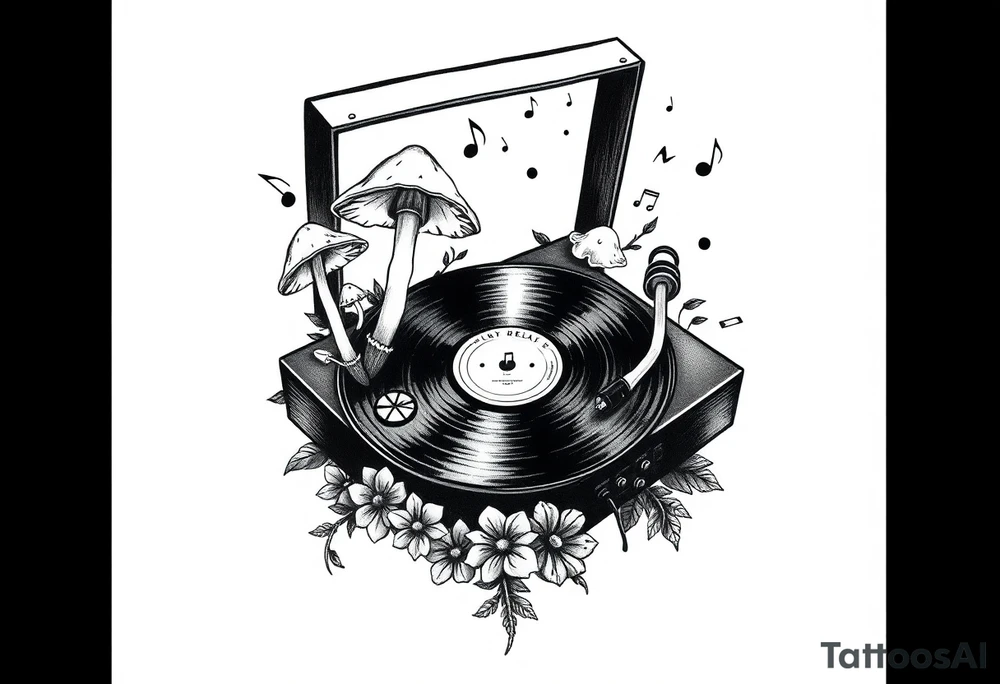 fun vinyl record player with mushrooms, flowers, and music notes around it tattoo idea