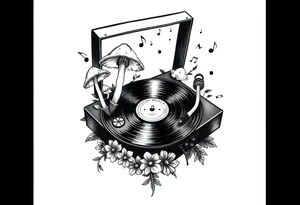 fun vinyl record player with mushrooms, flowers, and music notes around it tattoo idea