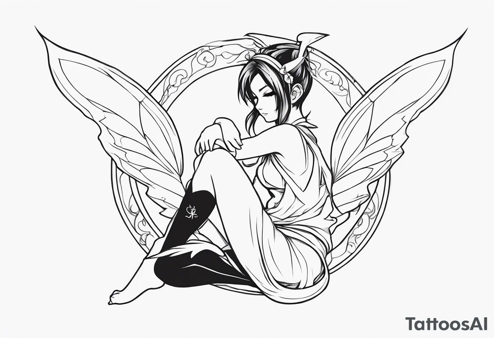 No background and no color sketch of a fairy with a tail inspired by the guild symbol in the anime show called Fairy Tail in a fetal position leaning in and forward while crawled in tattoo idea