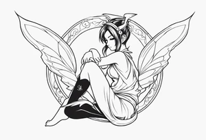 No background and no color sketch of a fairy with a tail inspired by the guild symbol in the anime show called Fairy Tail in a fetal position leaning in and forward while crawled in tattoo idea