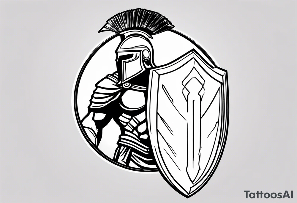 ultra-fine line linework vector of a spartan from the side, spartan spear, spartan shield, laurel wreath tattoo idea