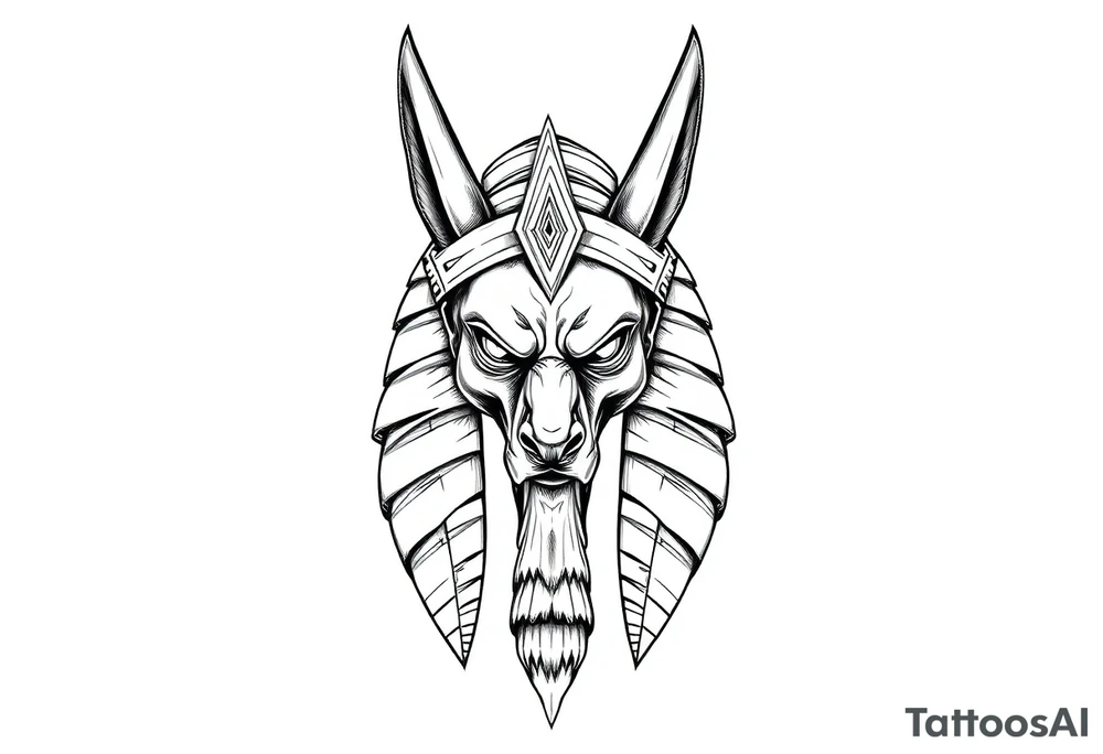 powerful majestic muscle anubis Egyptian god face without eyes with mantle on head tattoo idea