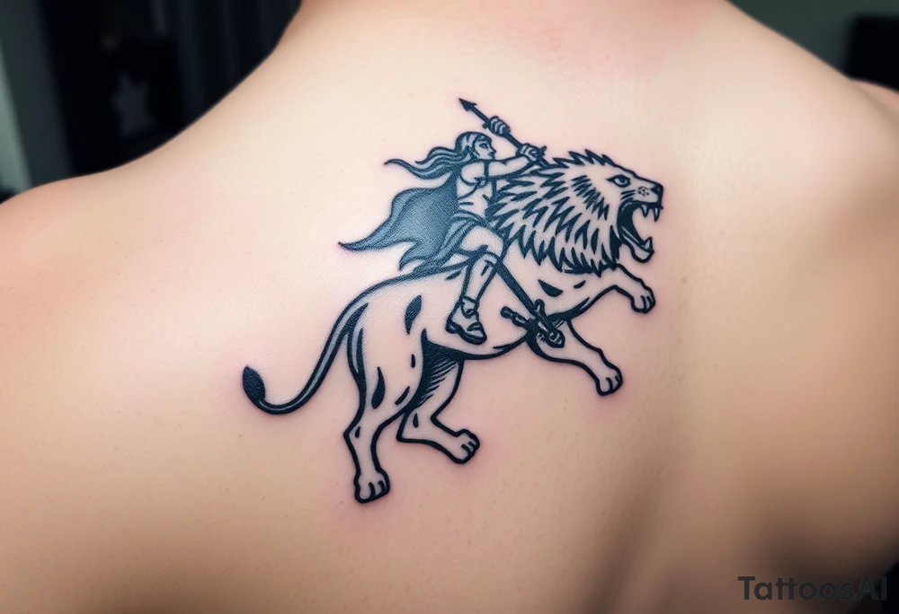 warrior riding on top of lion into battle tattoo idea