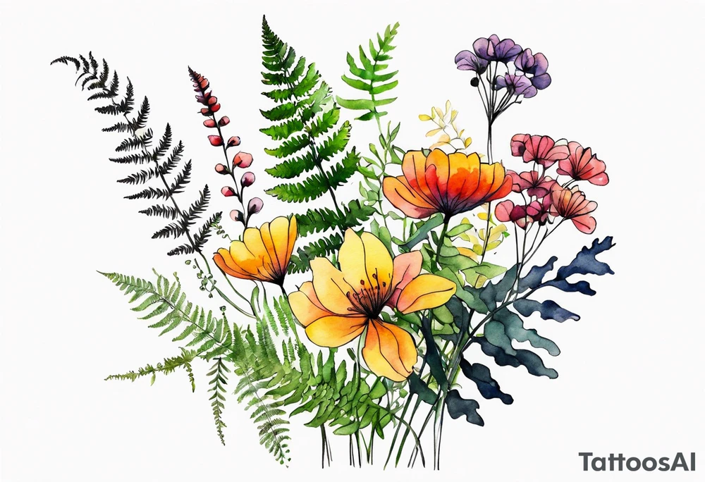 Multi colored wild flowers long stems bouquet with ferns all watercolor tattoo idea