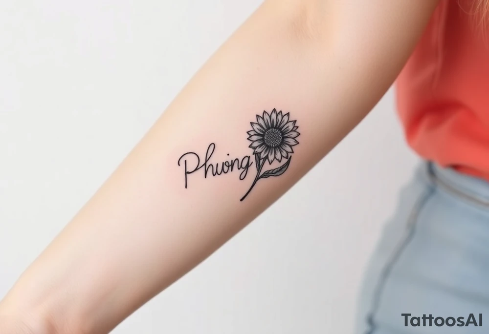 Word "PHUONG" written vertical with the sunflower. tattoo idea