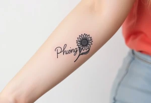Word "PHUONG" written vertical with the sunflower. tattoo idea