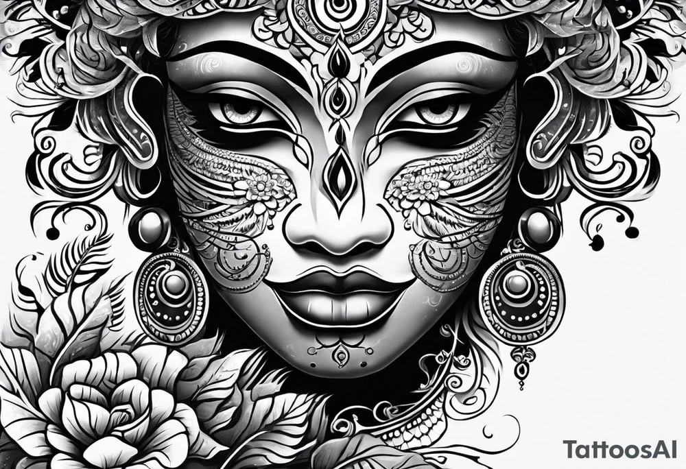 full sleeve tattoo with pottan theyyam face on top flowing down into vines which becomes two eyes in the bottom. tattoo idea