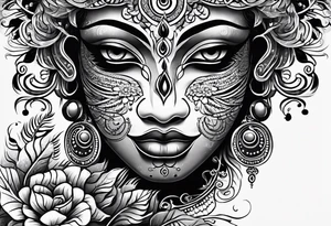 full sleeve tattoo with pottan theyyam face on top flowing down into vines which becomes two eyes in the bottom. tattoo idea
