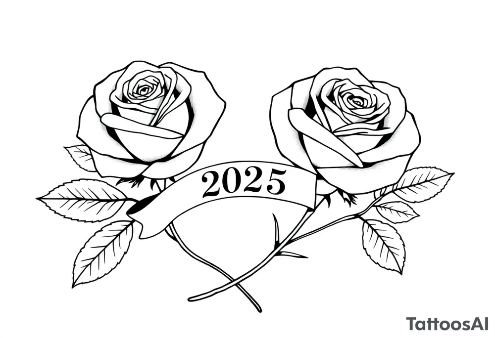 two beautiful large rose buds, one larger than the other, with many leaves next to the rose buds, with one sitting higher than the other. Include a banner connecting the two roses with the year 2025 on it.   Use dark outlines with little shading. The two stems should be short, not long, and connect and join into one stem, whimsically curved or twisted - not straight down. tattoo idea